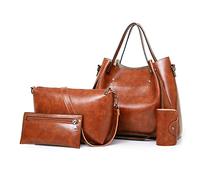 FANDARE Retro Damen-Henkeltaschen 4-teiliges Set Eimer Tasche Schultertaschen Wasserdicht Handtasche PU-Leder Umhängetaschen für Reisen Einkaufen Arbeiten Verabreden Braun