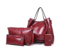FANDARE Retro Damen-Henkeltaschen 4-teiliges Set Eimer Tasche Schultertaschen Wasserdicht Handtasche PU-Leder Umhängetaschen für Reisen Einkaufen Arbeiten Verabreden Rotwein