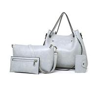 FANDARE Retro Damen-Henkeltaschen 4-teiliges Set Eimer Tasche Schultertaschen Wasserdicht Handtasche PU-Leder Umhängetaschen für Reisen Einkaufen Arbeiten Verabreden hellgrau