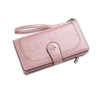 FANDARE Retro Geldbörse Wasserdicht Lange Portemonnaie Herren Damen Brieftasche Leder Portmonee Beutel Geldklammer Kreditkartenetui Geldbeutel mit 22 Kartensteckplatz Wallet Rosa