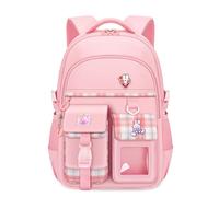 FANDARE Schulrucksack für Mädchen 6-16 Jahre, 25L großer Rucksack mit mehreren Fächern, leichter Schulranzen für Teenager mit Anhänger & Abzeichen, süßer Style für Schule und Freizeit Rosa