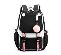 FANDARE Schulrucksack Mädchen Schulranzen Jungen Schultasche mit USB-Ladeanschluss Teenager Daypacks für Damen Universität Reisen Ergonomischer Kinder Schultasche mit Haarballen-Anhänger Schwarz