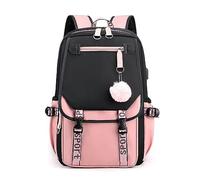 FANDARE Schulrucksack Mädchen Schulranzen Jungen Schultasche mit USB-Ladeanschluss Teenager Daypacks für Universität Reisen Ergonomischer Kinder Schultasche mit Haarballen-Anhänger Schwarz Rosa A