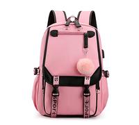 FANDARE Schulrucksack Mädchen Schulranzen Jungen Schultasche mit USB-Ladeanschluss Teenager Daypacks für Damen Universität Reisen Ergonomischer Kinder Schultasche mit Haarballen-Anhänger Rosa