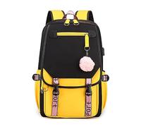 FANDARE Schulrucksack Mädchen Schulranzen Jungen Schultasche mit USB-Ladeanschluss Teenager Daypacks für Damen Universität Reisen Ergonomischer Kinder Schultasche mit Haarballen-Anhänger Gelb A