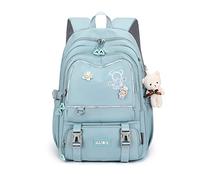 FANDARE Schulrucksack Schulrucksack Kinderrucksack Schultasche Jungen Mädchen Rucksack Schulranzen für Outdoor Reise Daypacks Freizeitrucksack Rucksack mit Plüsch Anhänger Wasserdicht Nylon Blau