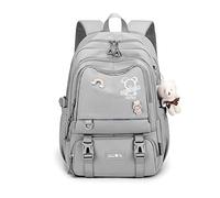 FANDARE Schulrucksack Schulrucksack Kinderrucksack Schultasche Jungen Mädchen Rucksack Schulranzen für Outdoor Reise Daypacks Freizeitrucksack Rucksack mit Plüsch Anhänger Wasserdicht Nylon Grau