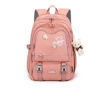 FANDARE Schulrucksack Schulrucksack Kinderrucksack Schultasche Jungen Mädchen Rucksack Schulranzen für Outdoor Reise Daypacks Freizeitrucksack Rucksack mit Plüsch Anhänger Wasserdicht Nylon Rosa