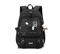 FANDARE Schulrucksack Schulrucksack Kinderrucksack Schultasche Jungen Mädchen Rucksack Schulranzen für Outdoor Reise Daypacks Freizeitrucksack Rucksack mit Plüsch Anhänger Wasserdicht Nylon Schwarz