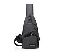 FANDARE Unisex Schultertasche Herren Damen Brusttasche Sling Bag Rucksack mit USB Umhängetasche Sporttasche für Wandern,Abenteuer,Sport, Reisen und Joggen Schwarz Grau