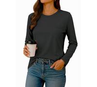 FANGJIN Oberteil Damen T-Shirt langramshirt Rundhalsausschnitt Fashion Casual Tuniken Tops Einfarbig Basic Langärmeliges Elegant Cute Herbst Winter Long Shirt Schwarze Y2K Slim Fit Freizeit Tee S