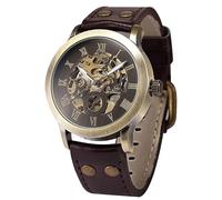 Fanmis Herren Steampunk Bronze Skelett Selbstaufzug Automatik Mechanisch Braun Leder Armbanduhr, braun, Mechanisch, selbstaufziehend