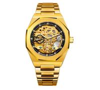 FANMIS Klassische Herren-Skelett-Automatikuhr, mechanische Uhren, luxuriös, geschnitzt, Blumen-Handwerk-Uhr mit Edelstahl-Armband, wasserdichte Armbanduhr, Schwarz Gold, Automatikuhr