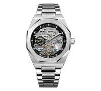 FANMIS Klassische Herren-Skelett-Automatikuhr, mechanische Uhren, luxuriös, geschnitzt, Blumen-Handwerk-Uhr mit Edelstahl-Armband, wasserdichte Armbanduhr, silber, schwarz, Automatikuhr