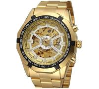 FANMIS Klassische Herren-Skelett-Automatikuhr, mechanische Uhren, luxuriös, geschnitzt, Blumen-Handwerk-Uhr mit Edelstahl-Armband, wasserdichte Armbanduhr, Ein Gold, Automatikuhr