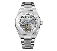 FANMIS Klassische Herren-Skelett-Automatikuhr, mechanische Uhren, luxuriös, geschnitzt, Blumen-Handwerk-Uhr mit Edelstahl-Armband, wasserdichte Armbanduhr, Silber, Gold, Japanisch