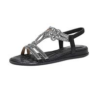 Fannyfuny Sandalen Damen Flache Strass Bohemia T-Riemen Frauen Weichen Sohlen Gummiband Slingback Zehentrenner Mädchen Strandschuhe, Schwarz, 40 EU