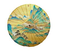 FANSU Chinesischer Regenschirm mit Holzgriff Handgemachte Regenschirm aus Geöltem Papier Japanischer Sonnenschirm aus Reispapier mit Holzgriff Stockschirm, Gold (Landschaft,Durchmesser 84cm)
