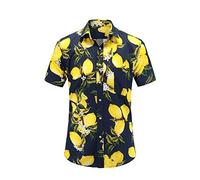 FANSU Herren Hawaiihemd, Herren Urlaub Hawaiihemd 3D Gedruckt Muster Kurzarm Strand Palmen Meer Freizeit Reise Party Hemd (Dunkelblaue Zitrone,M)