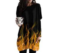 FANSU Lange Ärmel Tshirt Damen, 3D Flamme Feuer Drucken Langarmshirts Oversize Rundhals T-Shirt Lose Lässige Top Mode Herbst Winter Oberteil Bluse Shirt Kleid mit Tasche XS-4XL