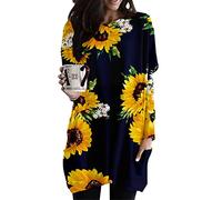 FANSU Lange Ärmel Tshirt Damen, Gänseblümchen Sonnenblume Drucken Langarmshirts Oversize Rundhals T-Shirt Lose Lässige Top Herbst Winter Oberteil Bluse Shirt Kleid mit Tasche