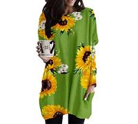 FANSU Lange Ärmel Tshirt Damen, Gänseblümchen Sonnenblume Drucken Langarmshirts Oversize Rundhals T-Shirt Lose Lässige Top Herbst Winter Oberteil Bluse Shirt Kleid mit Tasche