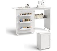 FANTASK 2 in 1 Nähschrank & Schreibtisch klappbar, Nähtisch aus Holz mit 3 Einlegeböden für Spulen & feststellbare Rollen, Weiß