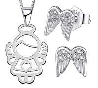 FANTASTIC NAILS COSMETIC COLLECTIONS Mädchen Kinder Schmuckset aus 925 Sterling Silber Schutz-Engel Flügel Herz Hals-Kette mit Ohrringe (A7+K949+42cm)