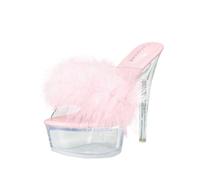 Fantoesay Damen-Sandalen, transparent, Stiletto-Absatz, Plateau, offener Zehenbereich, Schlupfpantoletten, flauschige Sandalen, Pink, 42 EU