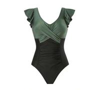 Farbblock-Badeanzug - Olivgrün V-Ausschnitt mit Kreuzband + Schwarzer hochgeschnittener Rüschenrock | Retro Rüschen Kurzarm & modern minimalistischer