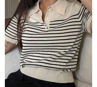 Farbblock-Patchwork Lässig Gestreifter Polokragen Kurzarm Strickpullover Top Frühherbst Neuer Stil