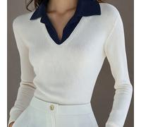 Farbblock-Polokragen-Stricktop, weiß-schwarzer Kontrast-V-Ausschnitt, gerippte lange Ärmel, schmale Passform, schlichter eleganter Damenpullover