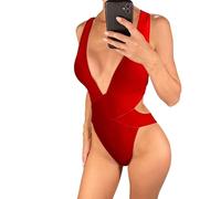 Faringoto Damen-Badeanzug mit tiefem V-Ausschnitt, gekreuztem Rücken, Einteiler, Bademode mit gepolsterten Cups, hoher Beinausschnitt, Rot/Ausflug, einfarbig (Getaway Solids), Medium