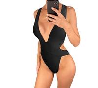 Faringoto Damen Badeanzug mit tiefem V-Ausschnitt, gekreuzter Rücken, Einteiler, Badeanzug mit gepolsterten Cups, hoher Beinausschnitt, Schwarz, XL