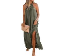 FARORO Ärmelloses, langes Kleid für Damen, Boho-Neckholder-Maxikleid, lässig, lockeres Sonnenkleid, geteiltes Kleid mit Taschen, olivgrün, Klein