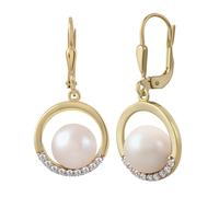 Paar Ohrhänger "Gold 375 Perle weiß 8-8,5mm Zirkonia weiß", gelb (gelb, weiß), FASCINATION BY ELLEN K., Ohrringe, Damen, one-size, Gold (84502036-0) gelb, weiß