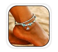 Fashband Boho-Fußkettchen, mehrlagig, Elefant, Türkis, Perlen, Strand-Fuß-Armband, Seestern, Fußschmuck für Damen und Mädchen (Silber)