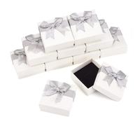 FASHEWELRY Quadratische Schmuck-Geschenkboxen aus Karton, 7,5 x 7,4 x 4,2 cm, kleine Schmuckverpackung aus Papier mit Band für Hochzeit, Geburtstag, Weihnachten, Party, Grau, 12 Stück