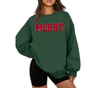 FASHGL Merry Sweatshirt für Damen, mit Glitzer-Aufnäher, Aufschrift "Merry Letter", langärmelig, Oversize-Pullover, Dunkelgrün, XXL
