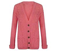 FASHION 7STAR Damen Strickjacke mit langen Ärmeln, Zopfstrick, Großvater, Knopf, Vordertasche, Größe 34-54 Gr. 46-48, korallenrot