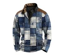 Fashion Casual Half Zip Sweatshirt Herren, Vintage Graphic Print Patchw Sweatshirt Ohne Kapuze Pullover Patchwork Top Henry Kragen Langarm Jacke Rundhals Pullover Stehkragen Winterhemd, hellblau, 5XL