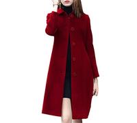 Fashion Damen Wollmantel Herbst Mittellang Einreiher Slim Mischwolle Übermantel Rot Blau Schwarz Frauen Jacke, weinrot, 42