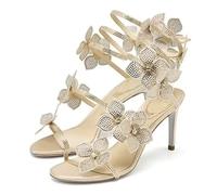 Fashion Glitter Golden Crystal Butterfly-Knot Ankle Strap Woman Sandals Open Toe Stiletto High Heels Banquet Party Shoes(Multi,37)