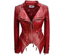 Fashion SX Damen Punk Nieten Kunstleder Alligatormuster Muster PU Leder Jacken Reißverschluss Moto Biker Mantel, Weinrot, S