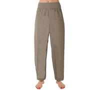 FASHION YOU WANT Damen Leinenhose Größe 36/38 röße 50/52 aus 100% Leinen - leichte Sommerhose Tunnelbund mit Gummizug und 2 aufgesetzten Taschen vorne - weiter Schnitt (36/38, Khaki)