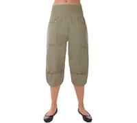 FASHION YOU WANT Damen Leinenhose Größe 36/38 röße 56/58 aus 100% Leinen - leichte Sommerhose Tunnelbund mit Gummizug und 2 aufgesetzten Taschen vorne - (40/42, kurz Khaki)