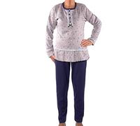 FASHION YOU WANT Damen Senioren Oma Schlafanzug Gr.36-60 mit Blumen kuschelig weich aus Baumwolle Hose mit Gummizug ideal für pflegebedürftige Omas einfach anzuziehen (Grau/Blau, 54/56)