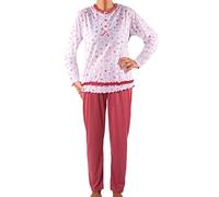 FASHION YOU WANT Damen Senioren Oma Schlafanzug Gr.36-60 mit Blumen kuschelig weich aus Baumwolle Hose mit Gummizug ideal für pflegebedürftige Omas einfach anzuziehen (Weiß/Rosa, 46/48)