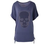 FASHION YOU WANT Damen Sommer Tops Lässiges T-Shirt mit Totenkopf-Strass-Motiv V-Ausschnitt Kurzarm Loser Pullover Plus Size Baggy Tunika-Bluse (38-40, Jeansblau)