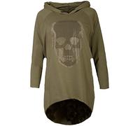 FASHION YOU WANT Damen Totenkopf Pullover Glitzer Sweatshirt Pailletten Strass Stretch Oversize Shirt Langarm Shirt Hoodie vorne kurz hinten Lang Fishtail (Khaki, 40/42)